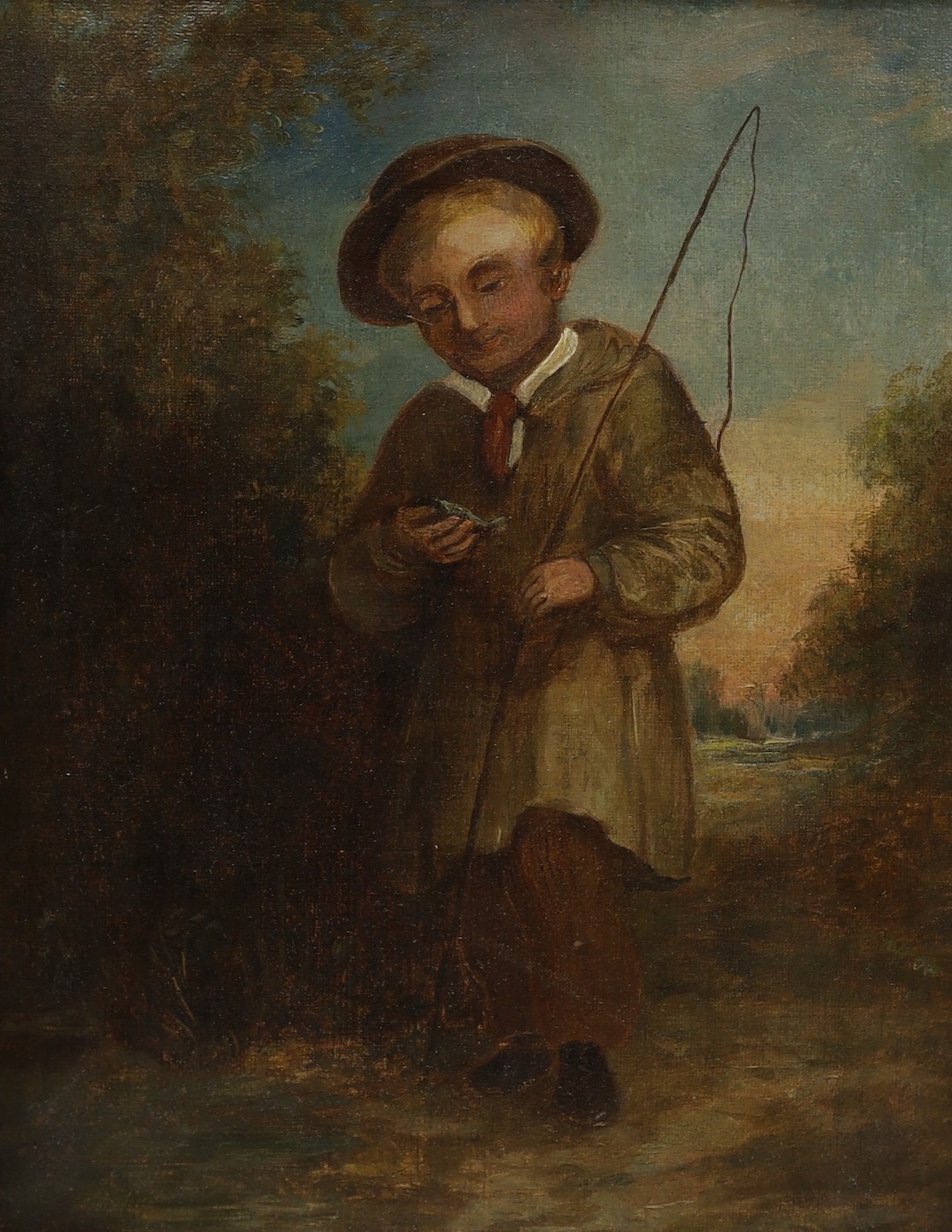 19th century English School, oil on canvas, Study of a boy angler, 24 x 19cm and an oleograph after Rembrandt